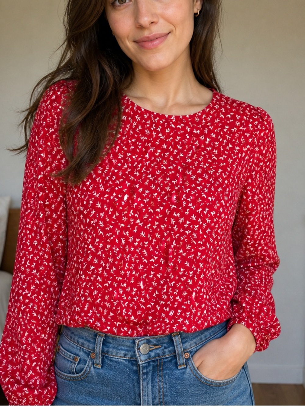J. Crew Red Floral Long-Sleeve Blouse